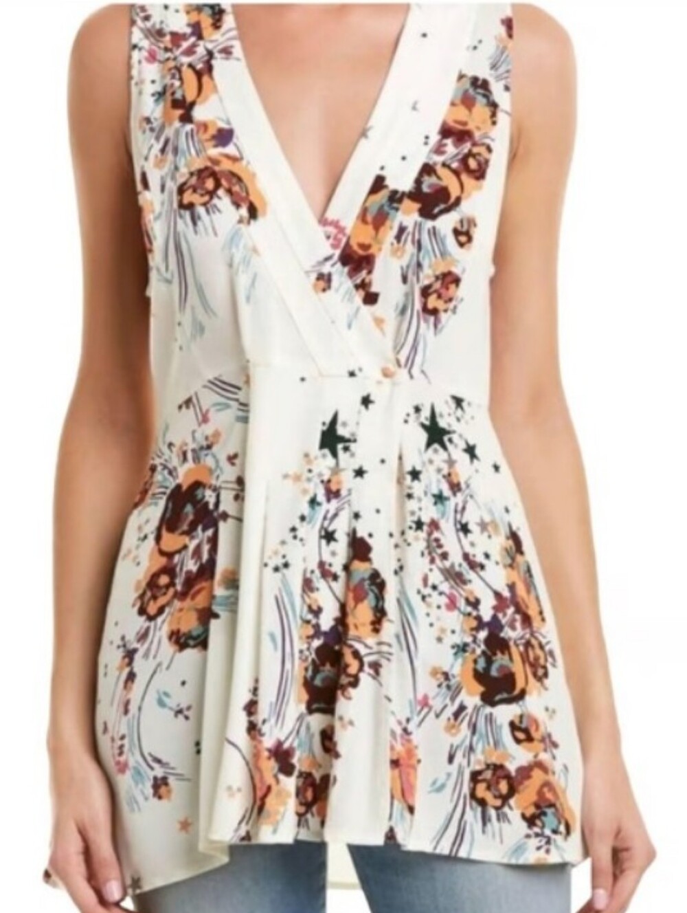 Free People Back to The Basics Ivory Floral Wrap Tunic